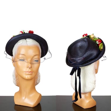 1940s Hat ~ Navy Fruit and Millinery Flower Veiled Straw Hat 