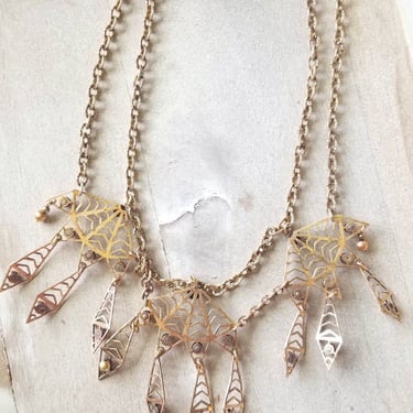 Rashida 1930s brass bib necklace, art deco jewelry, geometric necklace,  brass necklace 