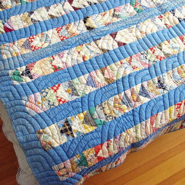 Antique 1930s Feed Sack Quilt Blanket Twin 80 x 66 - Condition Issues - 1930s Farmhouse Blue Stripe Colorful Vintage Blanket 