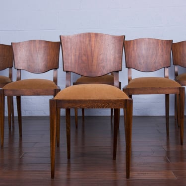 1950s French Art Deco Oak Dining Chairs W/ Beige Velvet - Set of 6 
