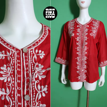 Chic Vintage 60s 70s Maroon & White Intricate Embroidered Blouse 