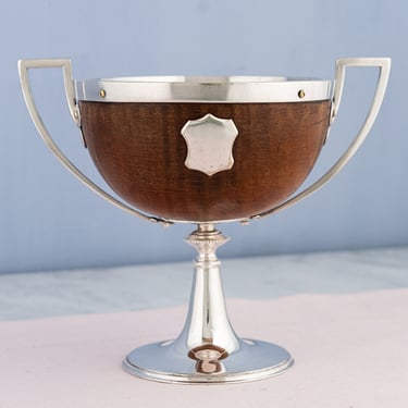 Antique English Oak &amp; Silverplate Pedestal Bowl