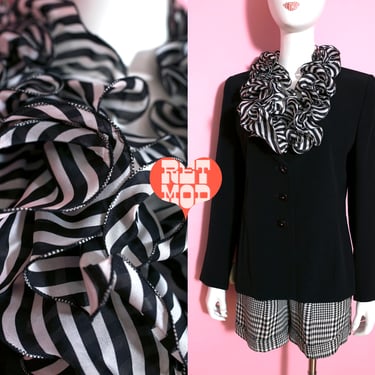 Fabulous Paris Designer Vintage 90s Black Blazer with Black White Stripe Ruffle Collar by Alliance 