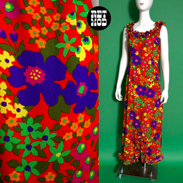 WOW BRIGHT Vintage 60s 70s Neon Red-Orange Purple Yellow Floral Polynesian Hawaiian Maxi Dress with Ruffles by Liberty House 