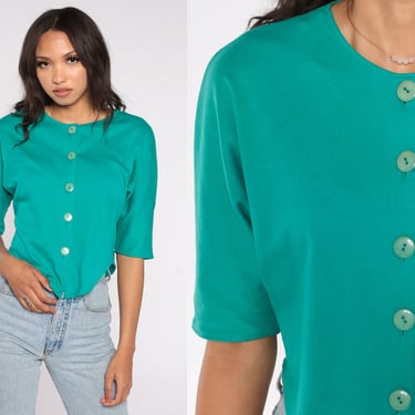 80s Teal Crop Top Button Up Shirt Cropped Blouse Vintage Plain Shirt 1980s Retro Short Sleeve Shirt Cotton Blend Green Medium Large 