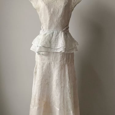 1930s Dress Embroidered Peplum Organza Gown M 