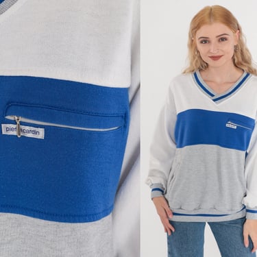 Color Block Sweatshirt 90s Pierre Cardin Sweatshirt Blue Grey White Striped V Neck Pullover Ringer Sweater Pocket 1990s Vintage Mens Large L 
