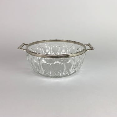 Vintage Glass Bowl with Silver Plated Rim / Clear Pressed Glass / Bohemian Serving Bowl 