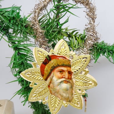 Early 1900's Victorian Double Die Cut Scrap Christmas Tree Ornament Belsnickel Santa on Gold Foil Star, Flower Girl 