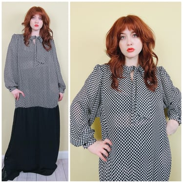 1980s Vintage Jo Hanna Plus Size Checkered Dress / Black and White Op Art Drop Waist Pussybow Dress / Size 22 