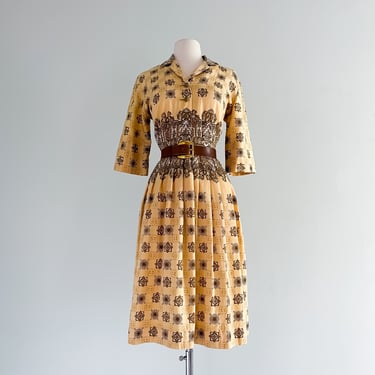 1950's Charles Hymen Autumn Gold Paisley Print Shirt Dress / Sz M