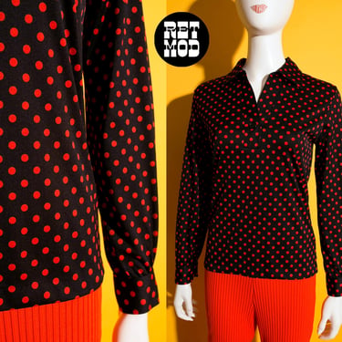 Cute Vintage 60s 70s Black Red Polka Dot Long Sleeve Shirt with Collar 