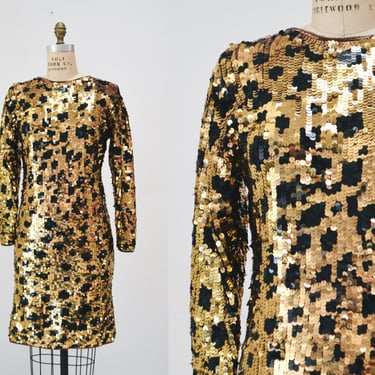 80s 90s Vintage Sequin Leopard Animal Pattern Dress Size Small by Modi 80s 90s Brown Black Sequin Dress with Leopard Cheetah Animal Print 