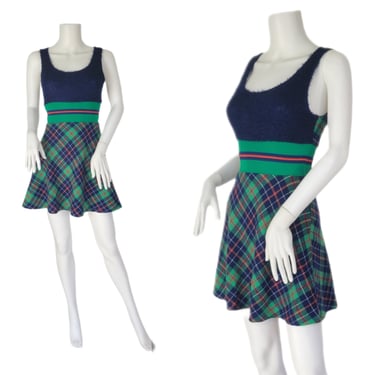 Young Edwardian 1970's Blue Green Plaid Mini Skirt Dress I Sz Sm 
