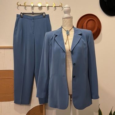 Vintage 90s Kasper Blue Two Piece Blazer Trouser Suit Size 12 