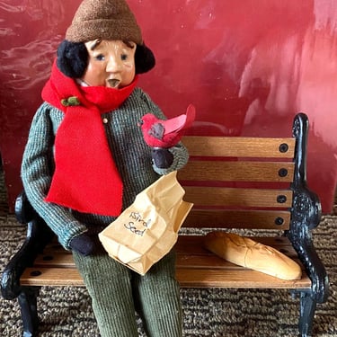 Byers Choice Caroler Cries of London Man Feeding Red Bird on Bench with bag of birdseed and a loaf of bread 1997~ Vintage Old Byers Carolers 