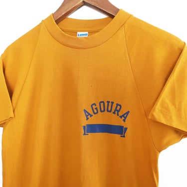 mustard t shirt / Champion blue bar / 1970s Champion Agoura High School raglan t shirt Small 