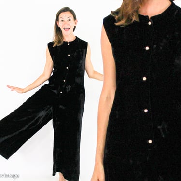 1970s Black Velvet Wide Leg Jumpsuit | 70s Black Velvet Jumpsuit | Marilyn NY | Large 