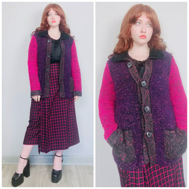 1990s Vintage Laura Ashley Acrylic Button Up Cardigan / 90s / Nineties Gradient Purple and Pink Knit Sweater / Size Large-XL 