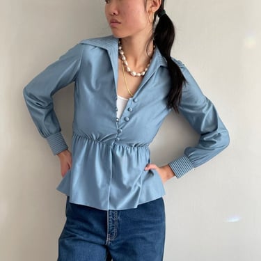 Vintage 70s Polyester Nipped Waist Blouse - Baby Blue