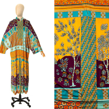 Vintage 1970s Maxi Dress | 70s Kaftan Floral Geometric Jersey Long Sleeve Dolman Batwing Psychedelic Loungewear Dress (OSFM) 
