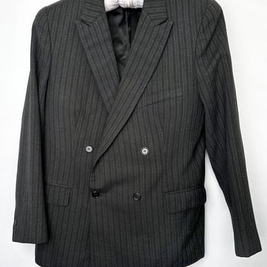 1930's Men's Suit Jacket Vintage Charcoal Grey Wool Pinstripes 1940's Pointy Lapels Double Breasted Blazer Sport Coat 