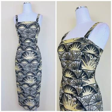 1990s Does 50s Gold Sun Print Wiggle Dress / 90s does 1950s Cotton Atomic Mid Century Print Tank Dress / Size Medium 