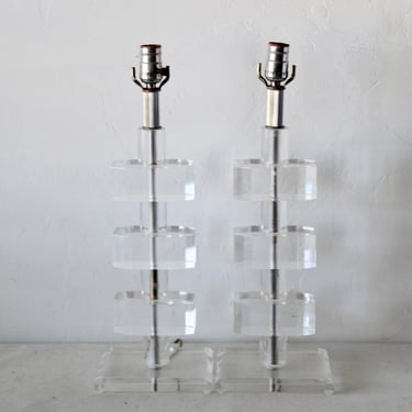 Karl Springer Style Glam Stacked Thick Lucite Table Lamps Mid-Century Modern-A Pair 