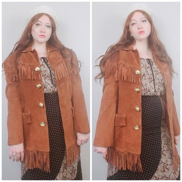 1980s Vintage Cedars Brown Suede Western Coat / 80s / Eighties Fringe / Fringed Trim Leather Jacket / Size Medium - Large 