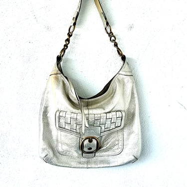 Vintage Coach Metallic Silver Leather Bag Boho Large Shoulder Purse 