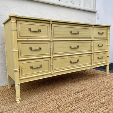 Faux Bamboo Dresser with 9 Drawers by Henry Link Bali Hai 60" Yellow Wash Vintage Credenza Hollywood Regency Coastal Bedroom Furniture 