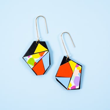 Rainbow Mosaic Asymmetrical Mosaic Polygon Earrings on Black Leather Background 