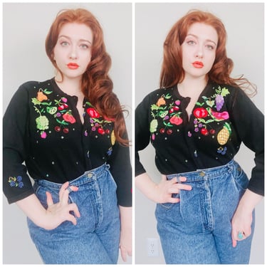 1990s Vintage Jack B Quick Black Ramie Cotton Novelty Sweater / 90s Fruit Embellished Embroidered Beaded Cardigan / Size Large 