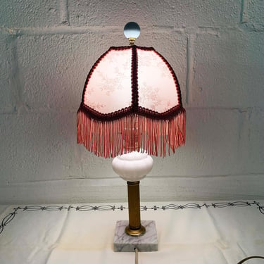 Vintage Boudoir Lamp Pink Floral Fringe Shade Victorian Cottagecore Boho Light Lampshade 1960s 1950s Marble Glass Base Lighting Nightstand 