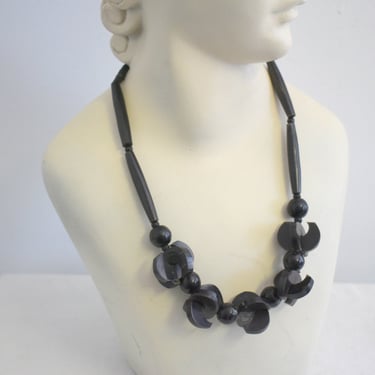 1970s Carved Black Horn Beaded Necklace 