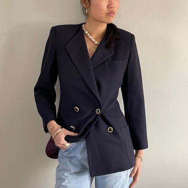 90s double breasted blazer / vintage navy naval blue wool double breasted cabochon button capsule wardrobe all season blazer + skirt  | M 