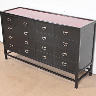 Baker Furniture Hollywood Regency Chinoiserie Black and Red Lacquered Dresser or Chest of Drawers