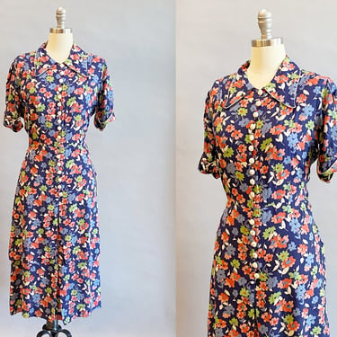 1940s Rayon Dress / 1940s Floral Dress / 1940s Day Dress / 1940s Cold Rayon Dress / Dress with Peplum / Size Medium 