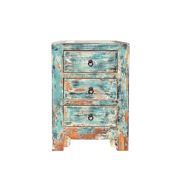 Distressed Teal Green Blue 3 Drawers Stone Top End Table Nightstand Chest ws4450E 