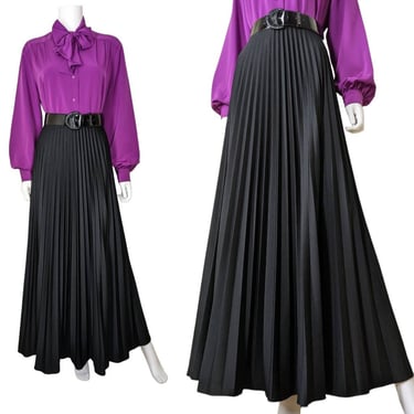 Pleated Black Maxi Skirt, Medium / Vintage 1970s Hostess Skirt / Flared Accordion Pleat Ankle Length Skirt 