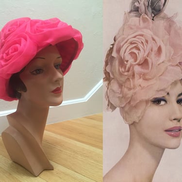 Beyond Schiaparelli - Vintage 1950s 1960s Schiaparelli Pink Chiffon Rose Beehive Cloche Hat 