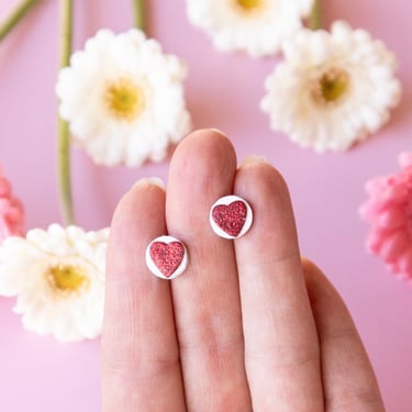 Red Glitter Heart Earrings Studs on White Background -  Sustainable Minimalist Leather Valentine's Day Earrings 