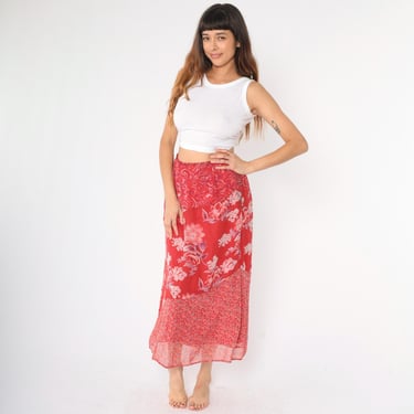 90s Red Floral Skirt Tiered Paisley Print Midi Skirt Hippie Boho High Waisted Summer Casual Bohemian Vintage 1990s Size Medium M 