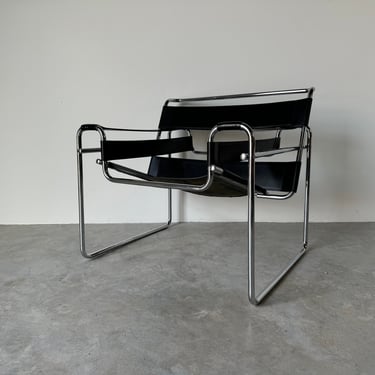Vintage Marcel Breuer Wassily - Style Chrome Black Leather Sling Lounge Chair 