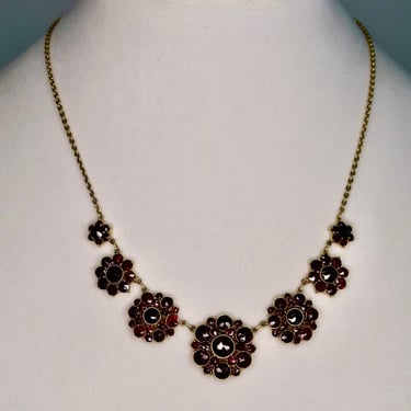 Art Deco Bohemian Garnet Flower Cluster 8K Necklace, Antique Vintage Garnet Necklace, January Birthstone, Bridal Necklace, Gift For Her 