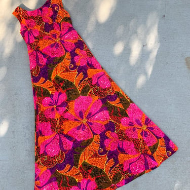 Vintage 60's Made in Hawaii Bright Colored Floral Patterned Empire Waist Sleeveless Maxi Dress 