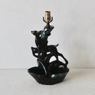 Vintage Mid Century Blue Black Green Prancing Deer Ceramic Table TV Lamp 