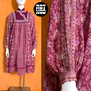 Gorgeous Vintage 70s 80s Pink Purple Floral Cotton Indian Dress with Balloon Sleeves 