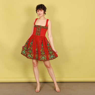 40s Bright Red Corset Floral Folk Print Dress Vintage Flared Dirnal Cottage Core Dress 