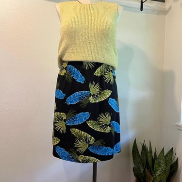 Pineapple Moon 90s Blue & Green Palm Leaf Print Elastic Summer Skirt Size XL 